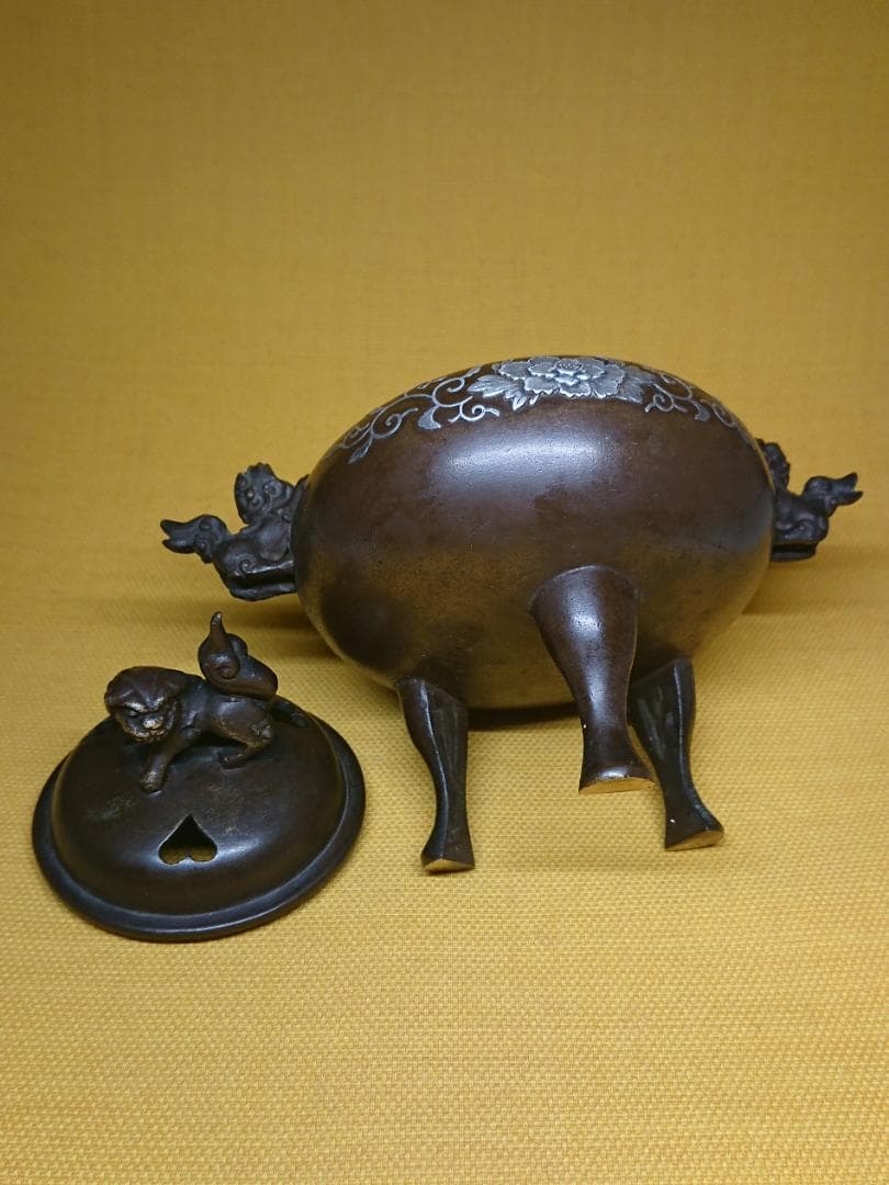 香炉　古玩　古銅　骨董　銀象嵌　置物　インテリア　工芸品　美術品　A3365