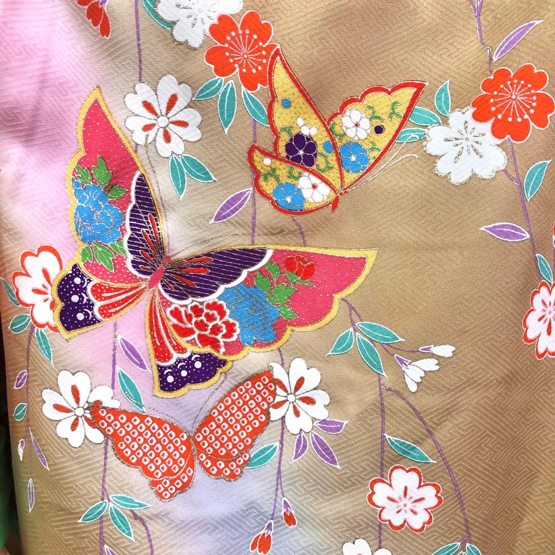 【正絹】七五三　7歳　暈し　舞蝶　四つ身　着物　作り帯　セット　女の子　753