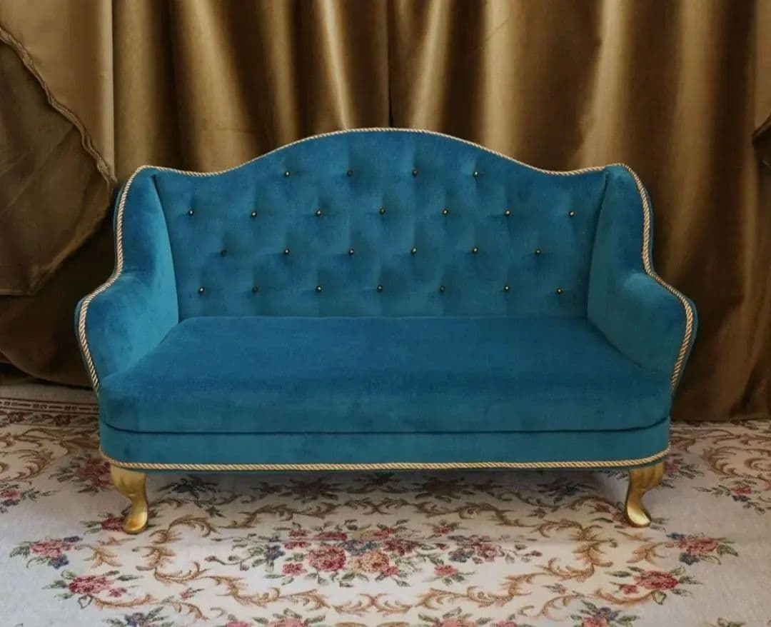 1/3サイズ ドール用ソファ ウィングチェア2.5人用 ピーコックブルー 椅子