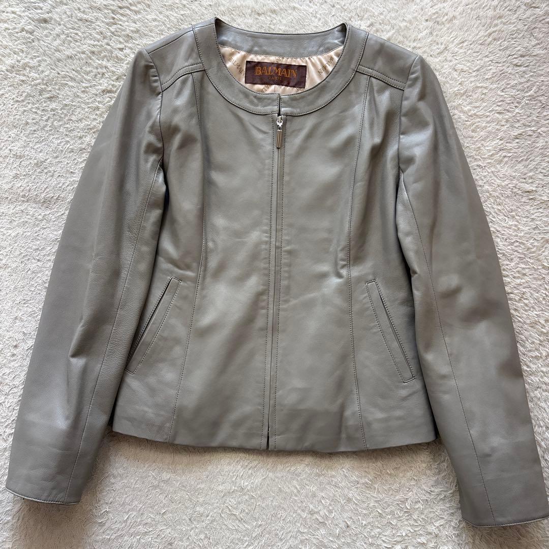 BALMAIN バルマン　ラムレザージャケット　ノーカラー　羊革　13号　グレー