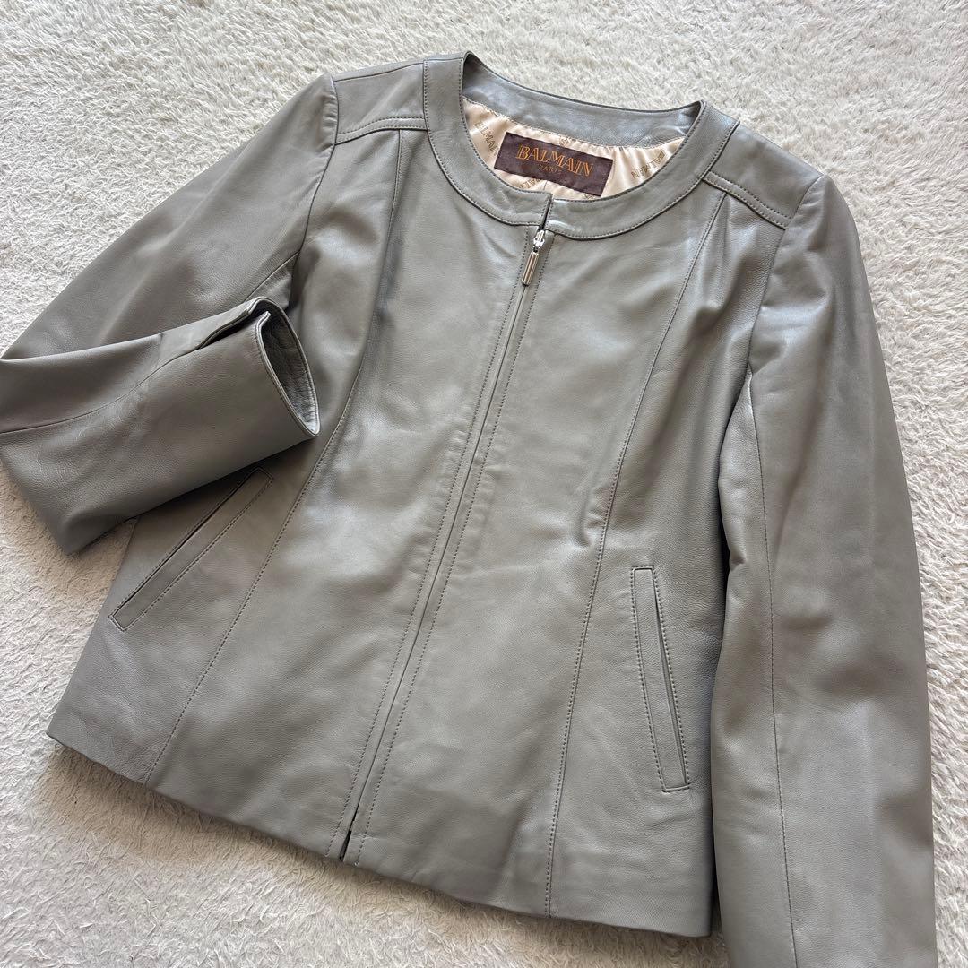 BALMAIN バルマン　ラムレザージャケット　ノーカラー　羊革　13号　グレー