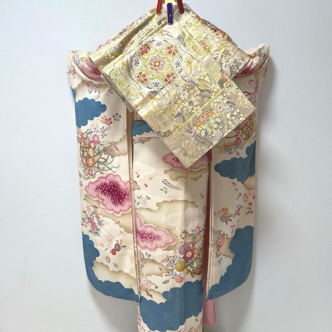 446 振袖フルセット 正絹 岩田専太郎 金彩 駒刺繍 絞り クリーム 青 紫