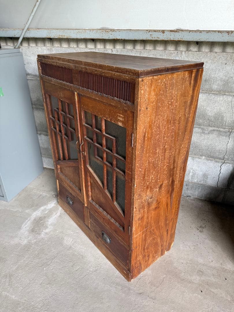 木製アンティーク箪笥 ガラス扉付き　古い　収納　家具　茶箪笥　手渡しのみ