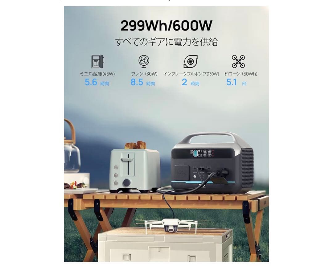 ✨新品✨ポータブル電源 PSE認証済 299wh/600W 高速充電 同時充電可