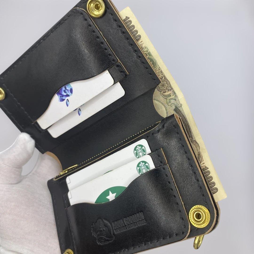 値下【無骨x上質 お札折らず収納】 丘染ブラック 手染ミドルトラッカーウォレット