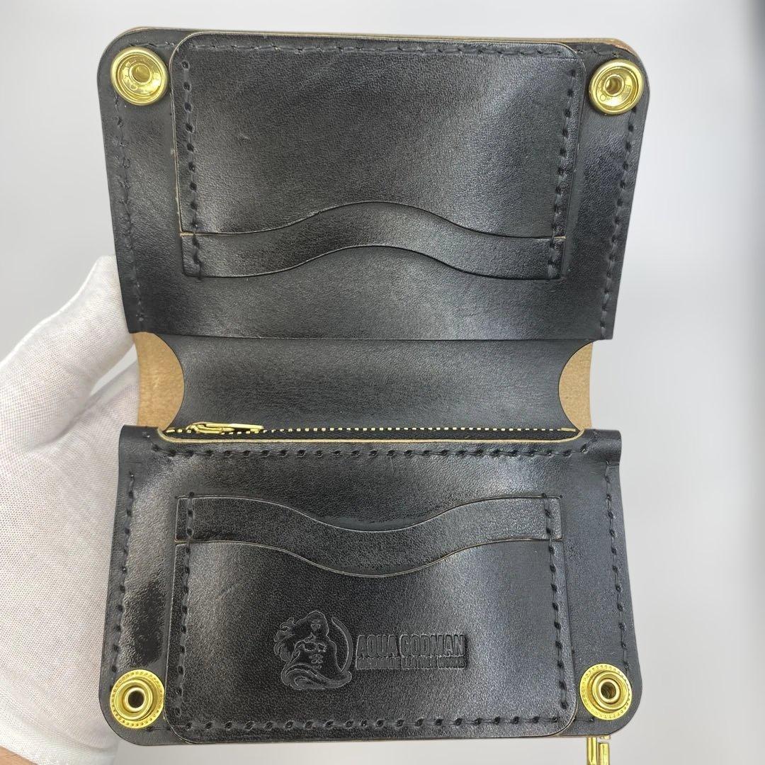 値下【無骨x上質 お札折らず収納】 丘染ブラック 手染ミドルトラッカーウォレット