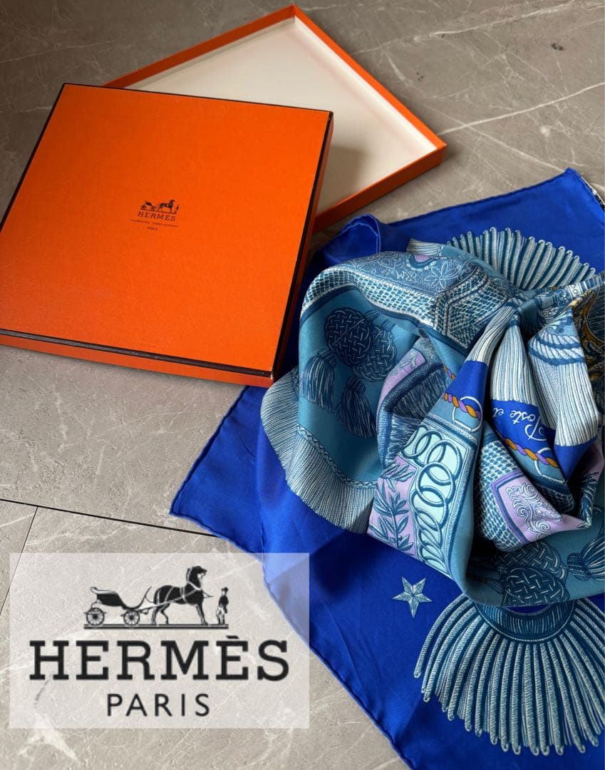 エルメス カレ90 Poste et Cavalerie スカーフ ブルー 箱付