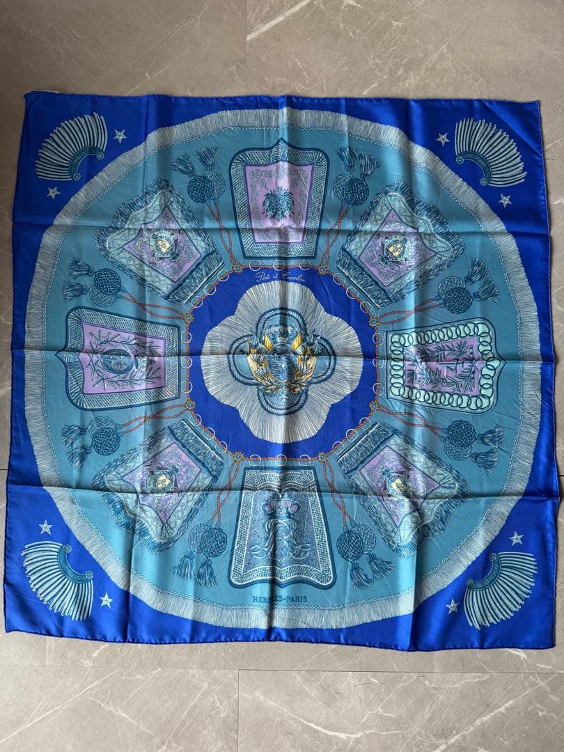 エルメス カレ90 Poste et Cavalerie スカーフ ブルー 箱付