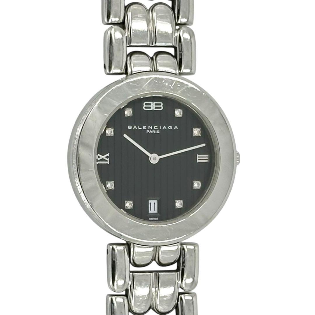 バレンシアガ　腕時計　クオーツ　シルバー　8Pダイヤ　黒文字盤　レディース
