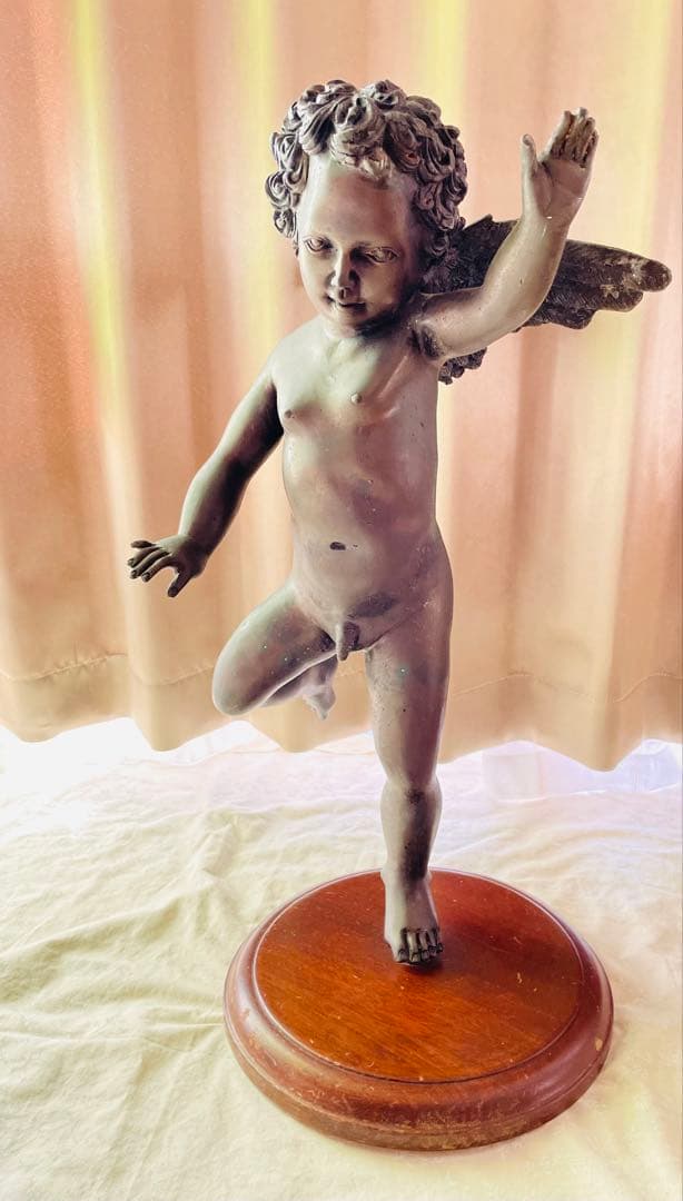 【天使】ブロンズ製 天使像 木製台座付き 高さ約65cm