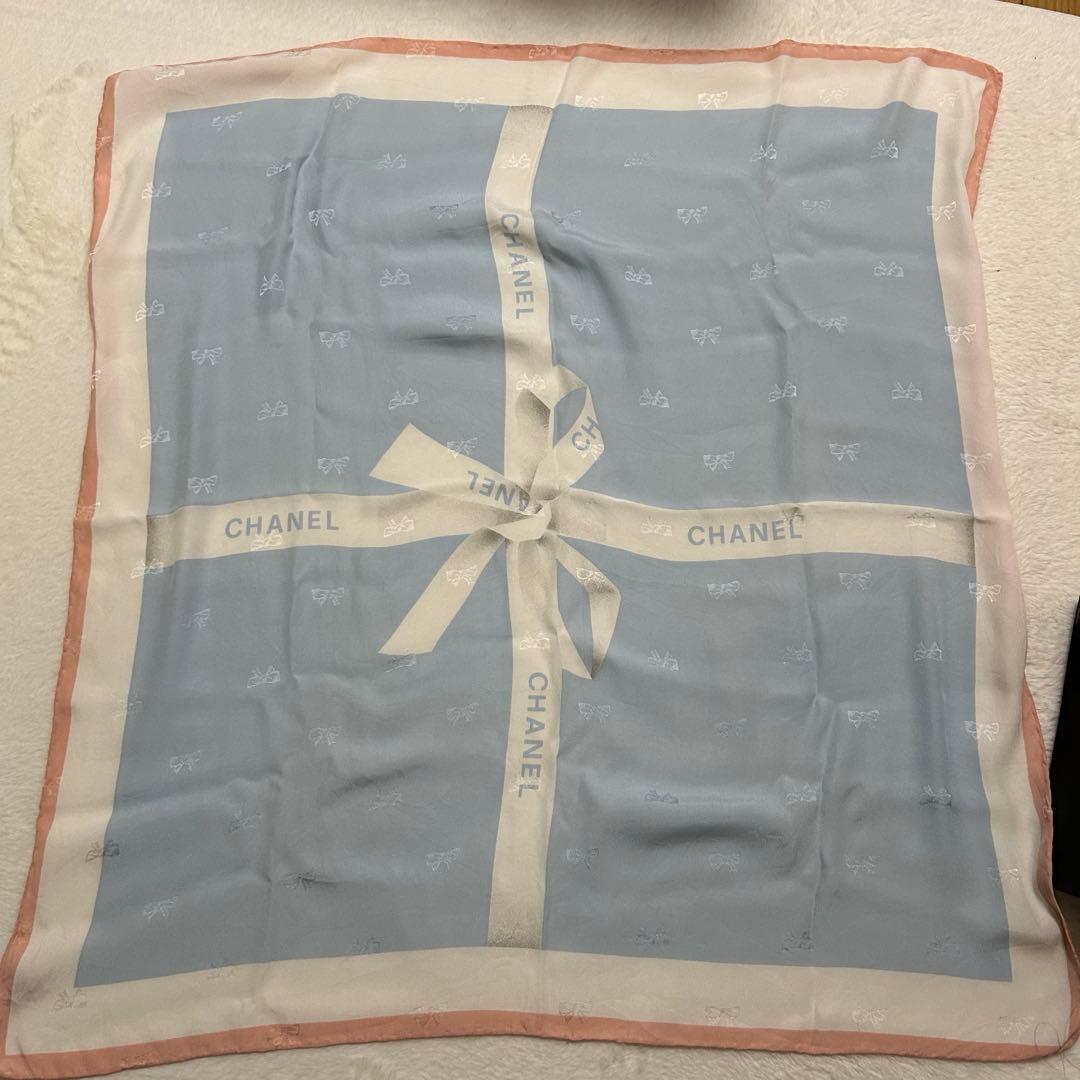 美品 CHANEL リボン付きスカーフ ブルー