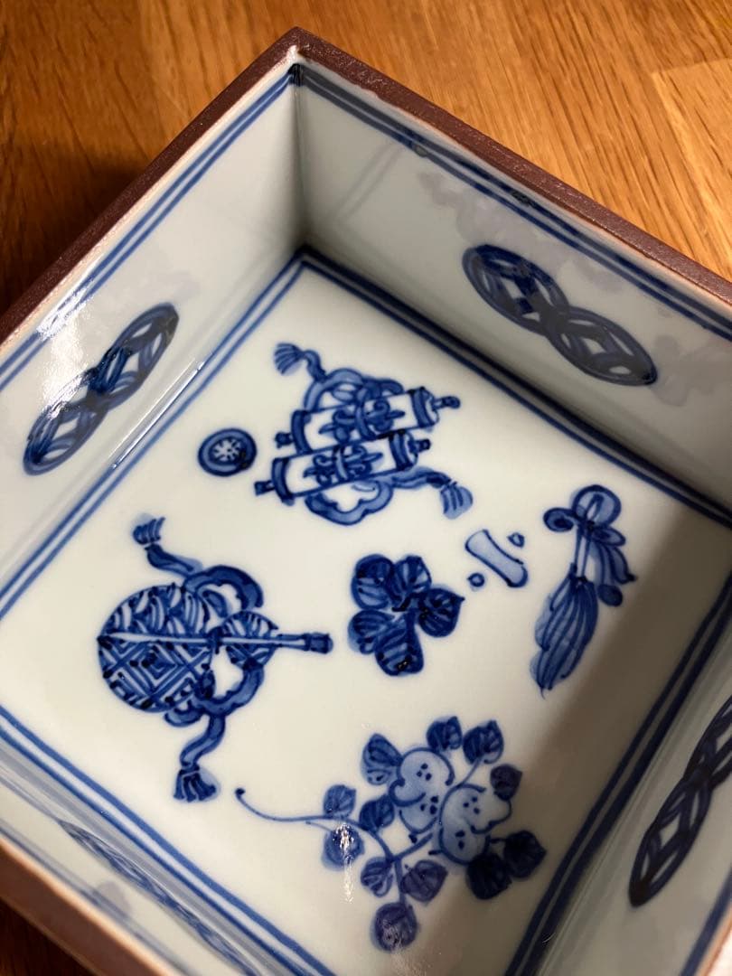 新品未使用　九谷焼　萠窯　四方鉢　染付 藍九谷　山本長左・妙泉陶房に師