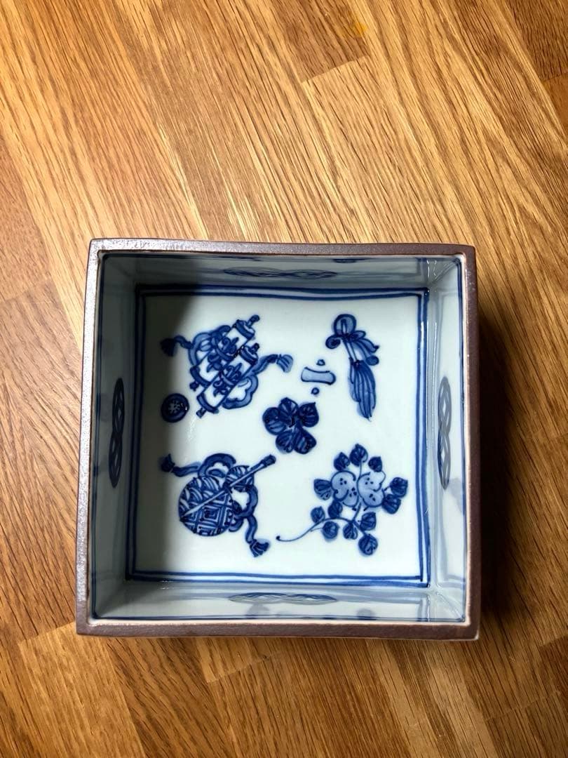 新品未使用　九谷焼　萠窯　四方鉢　染付 藍九谷　山本長左・妙泉陶房に師