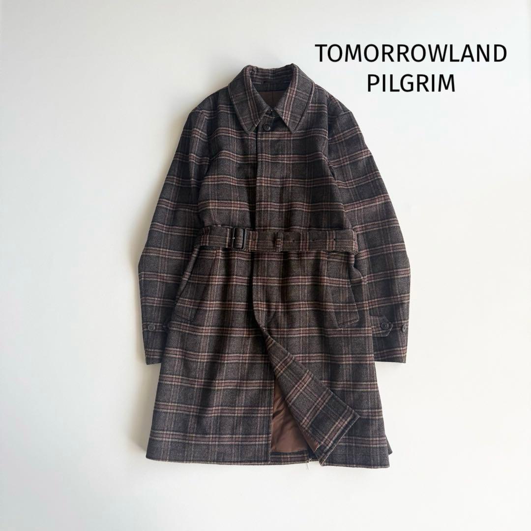 【トゥモローランド ピルグリム】カシミヤ混 チェック ステンカラーコート 48