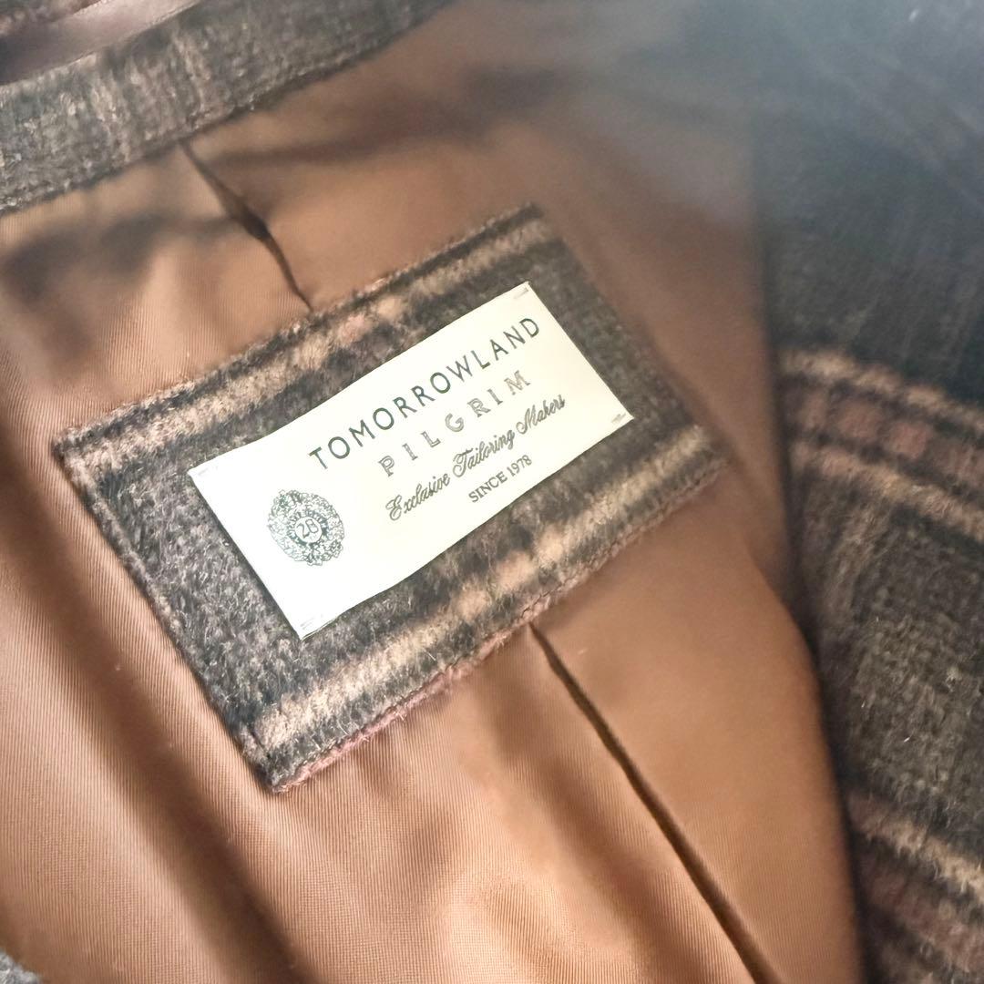 【トゥモローランド ピルグリム】カシミヤ混 チェック ステンカラーコート 48