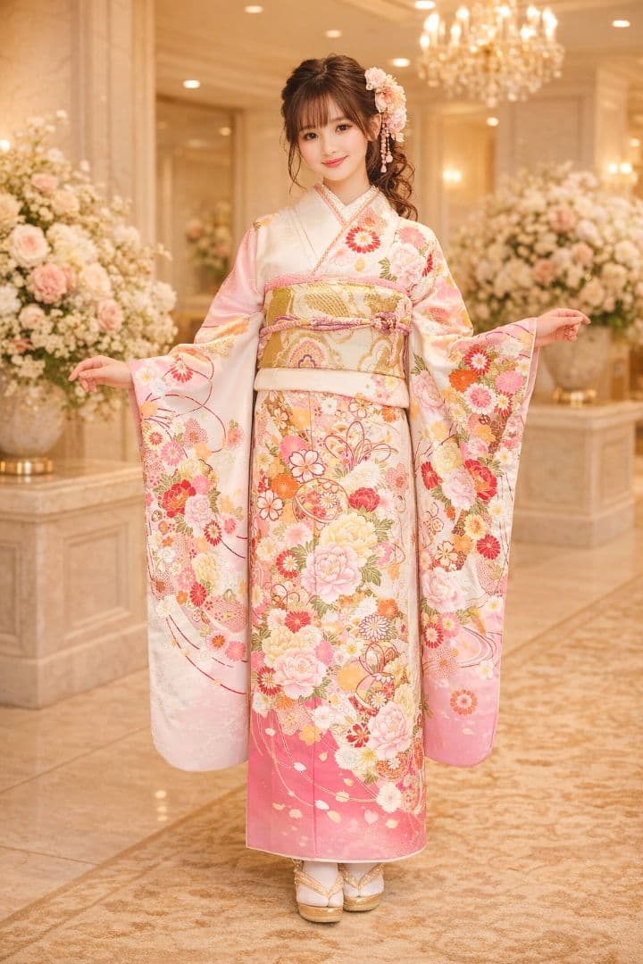 【新春大特価】クリーム×ピンク　可愛い　現代古典　振袖　その他セット