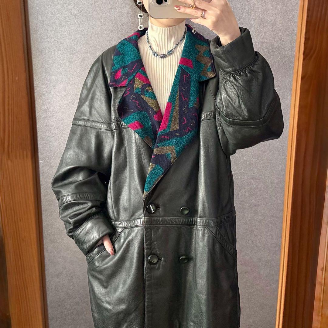 ヴィンテージ レトロ古着 ジャガード総柄襟レザージャケット 羊革 グレー系 希少