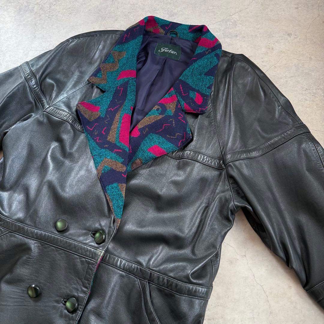 ヴィンテージ レトロ古着 ジャガード総柄襟レザージャケット 羊革 グレー系 希少