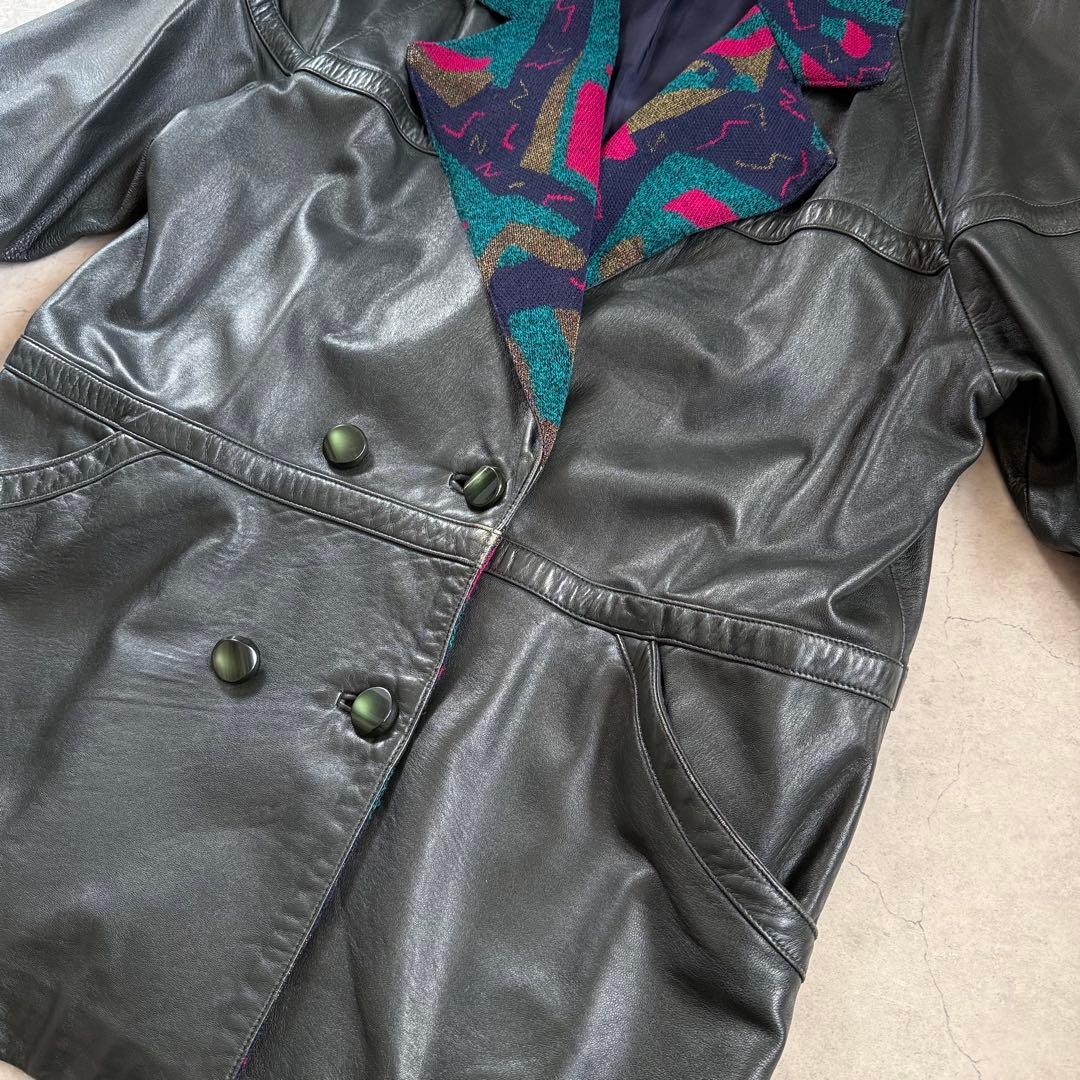 ヴィンテージ レトロ古着 ジャガード総柄襟レザージャケット 羊革 グレー系 希少