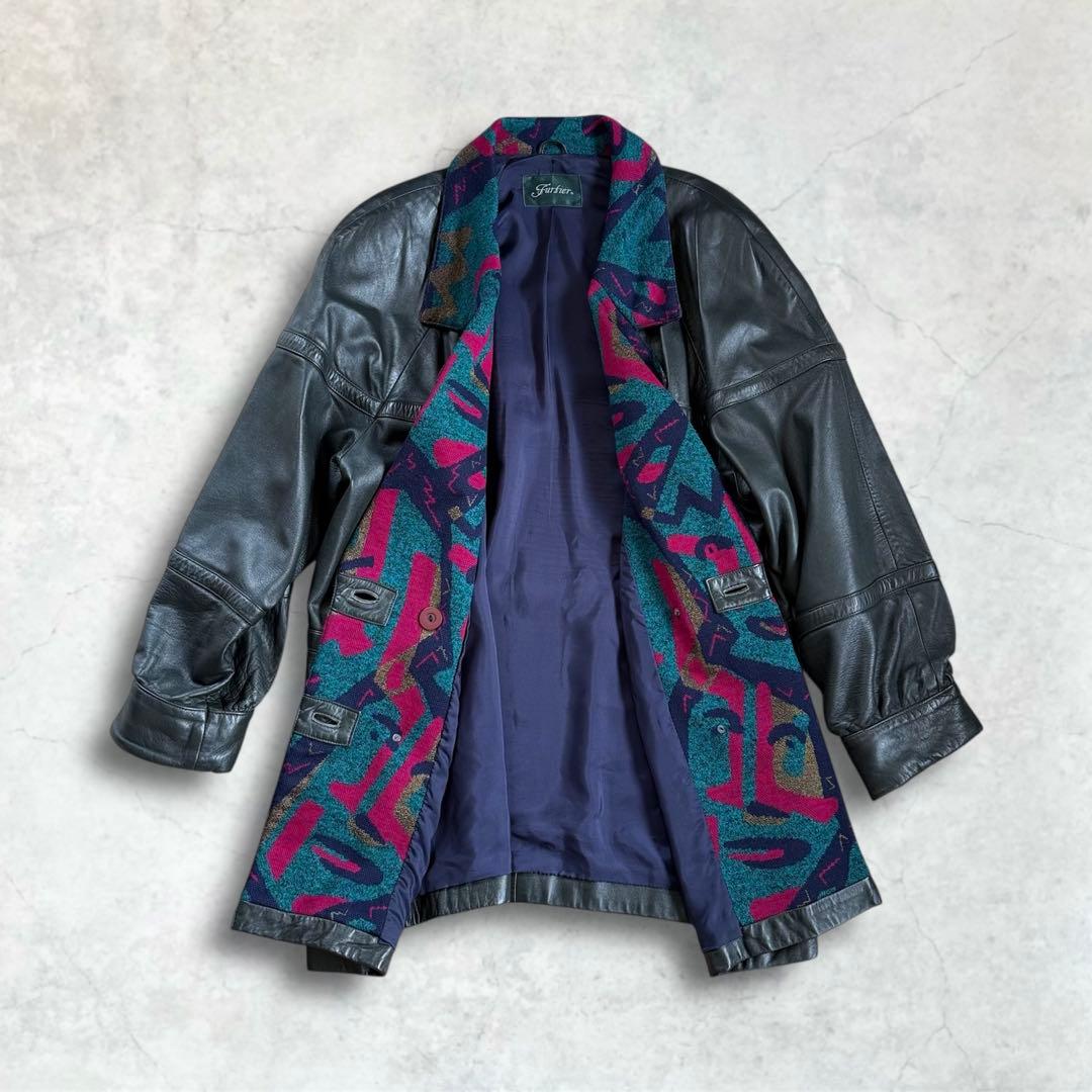 ヴィンテージ レトロ古着 ジャガード総柄襟レザージャケット 羊革 グレー系 希少
