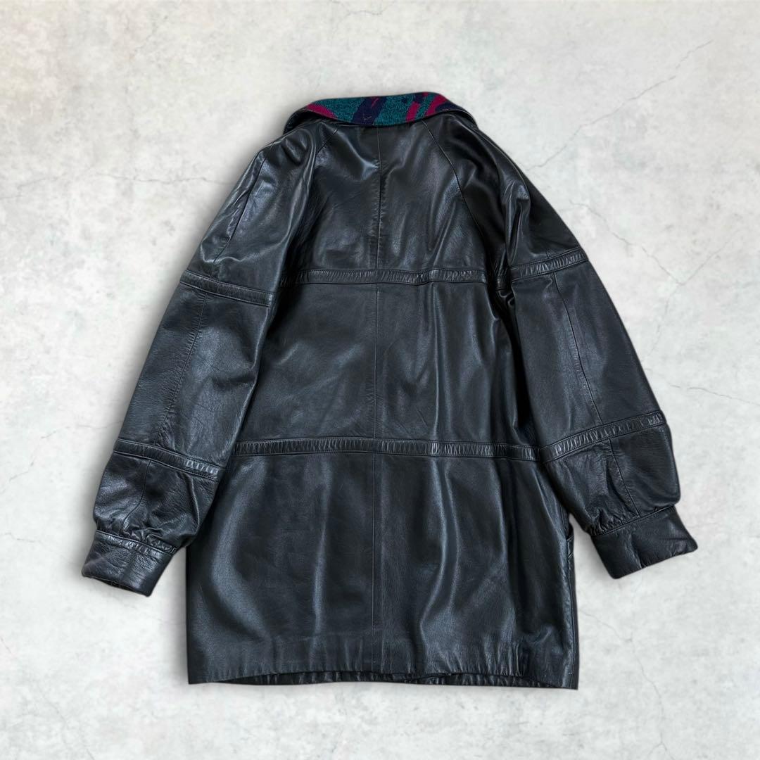 ヴィンテージ レトロ古着 ジャガード総柄襟レザージャケット 羊革 グレー系 希少