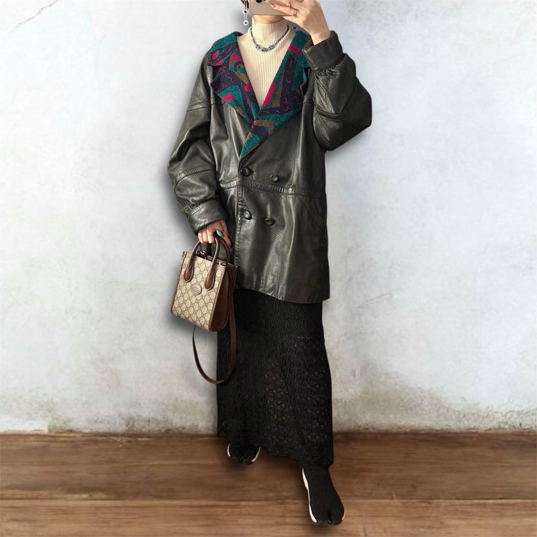 ヴィンテージ レトロ古着 ジャガード総柄襟レザージャケット 羊革 グレー系 希少