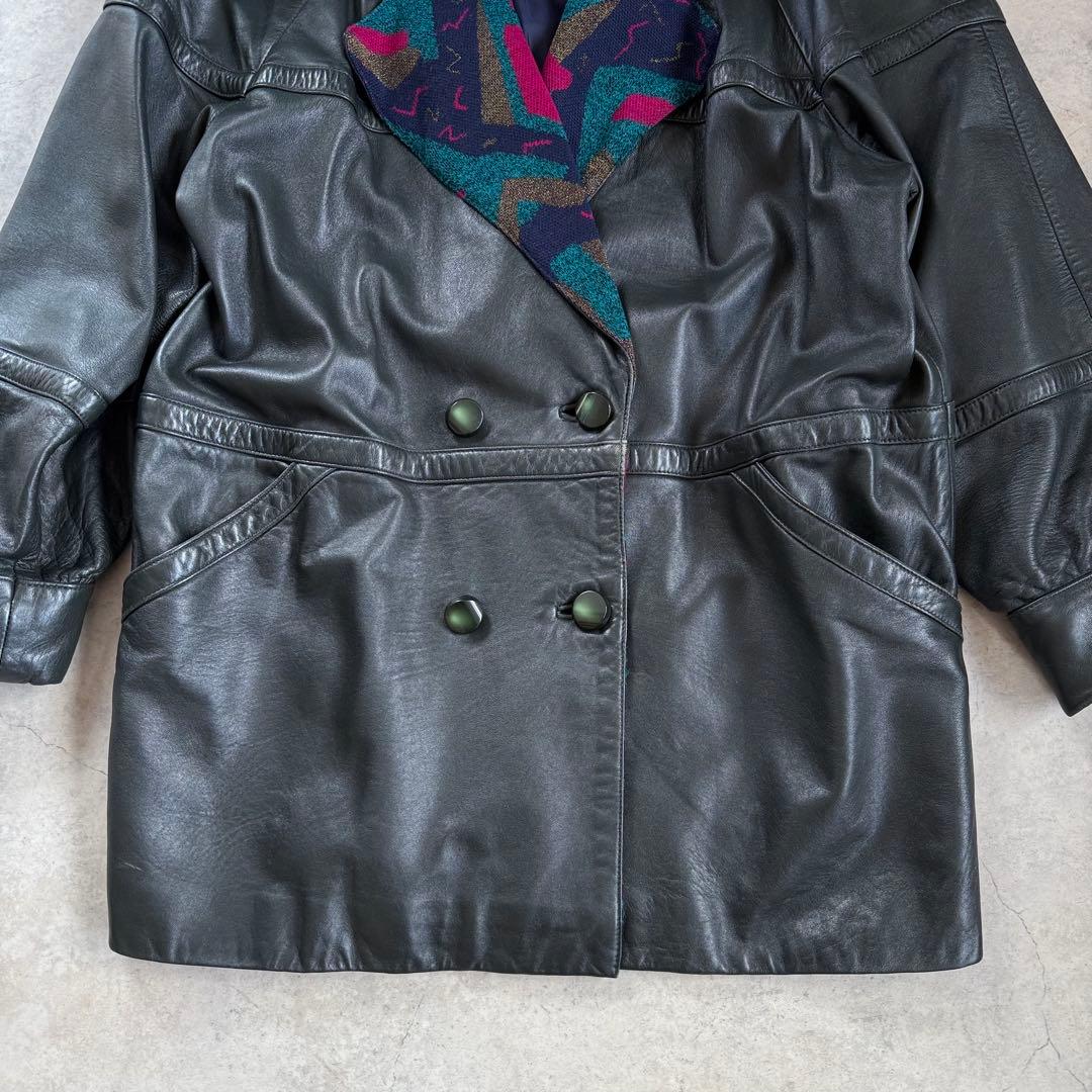 ヴィンテージ レトロ古着 ジャガード総柄襟レザージャケット 羊革 グレー系 希少