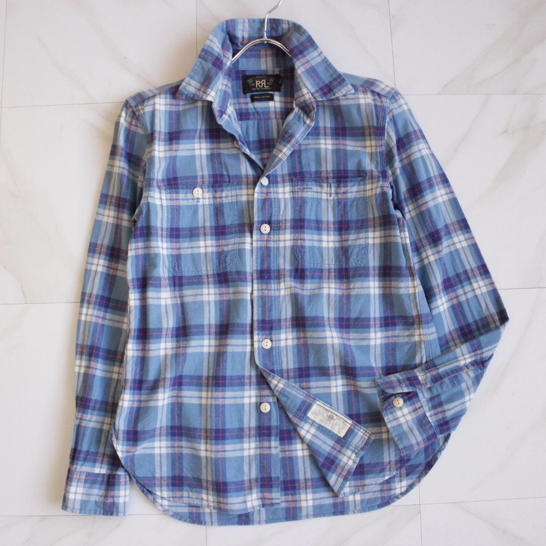 RRL チェック柄 長袖シャツ Sサイズ コットン 水色 総柄