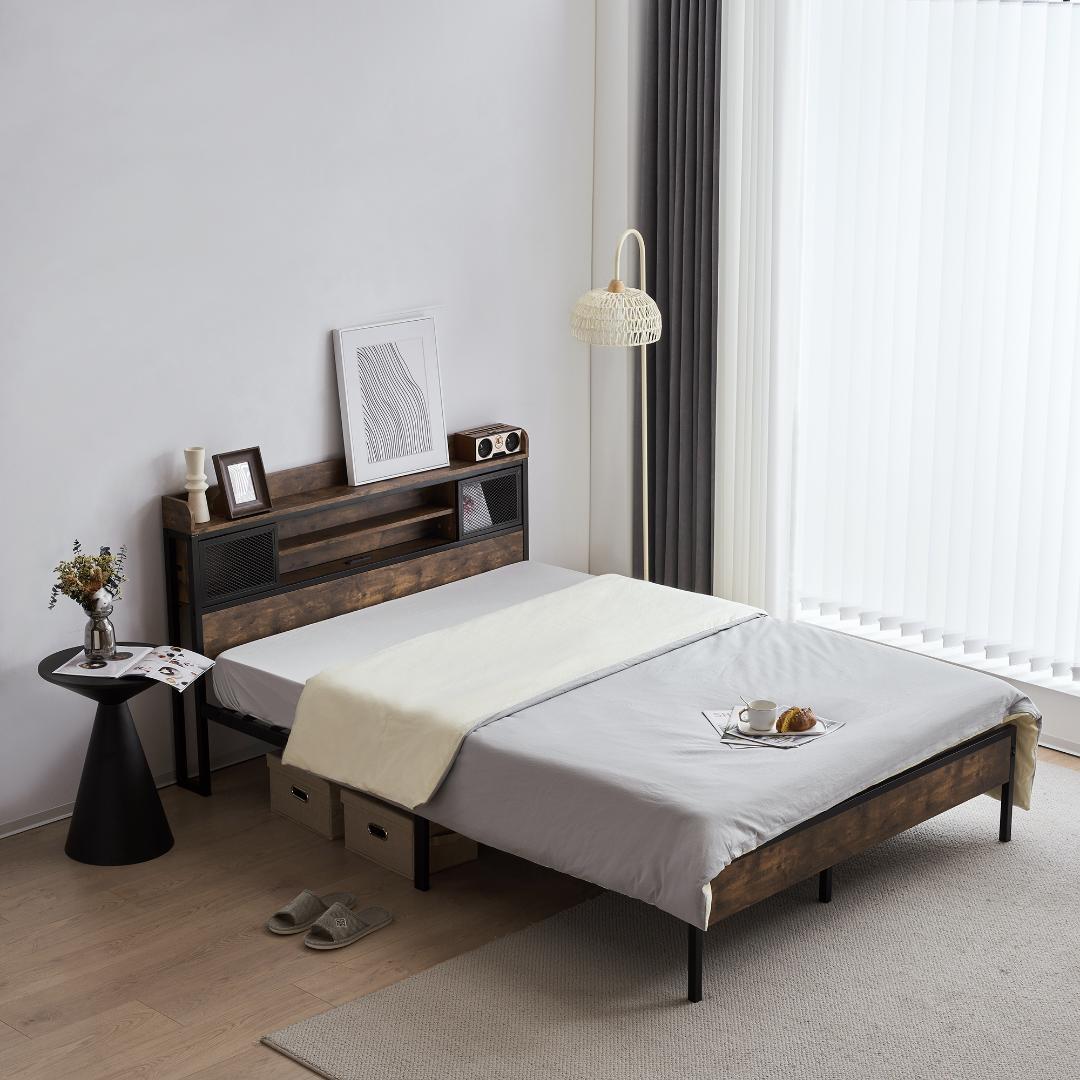 【SDセミダブル】ベッドフレーム　コンセント付き　宮付き　BLACK