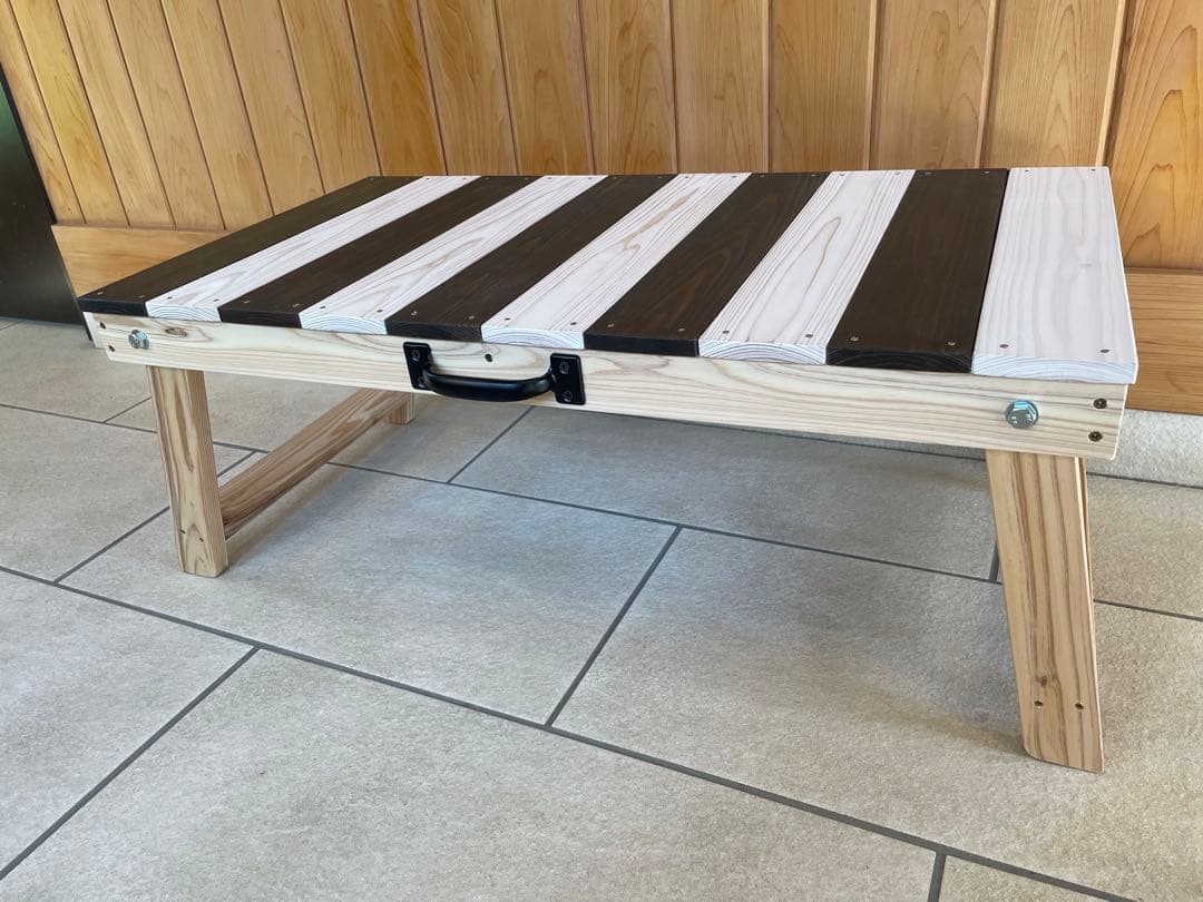 折りたたみ木製テーブル 白茶ストライプ