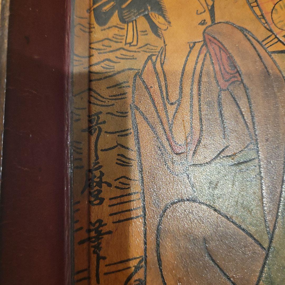 浮世絵風木製トレー 革 和風 アンティーク ヴィンテージ レア トレイ