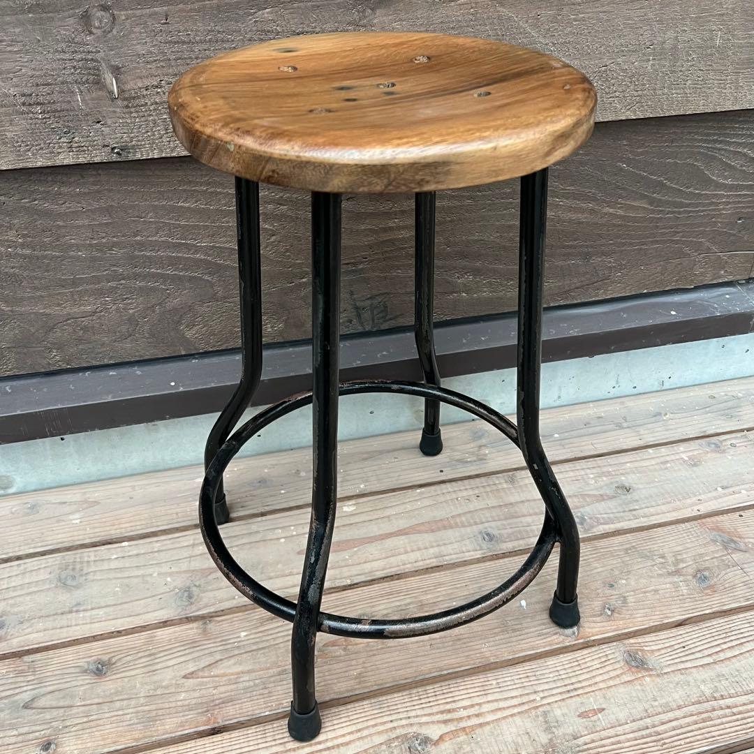 天然木座面のアイアンスツール ヴィンテージスタイル ブラック 木製座面 椅子