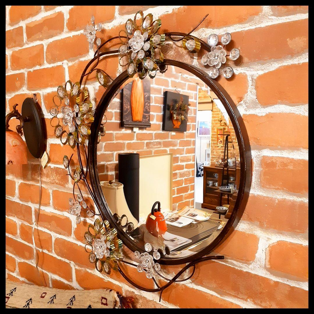 輸入雑貨　ロートアイアン　『ジュエルフラワーミラー』　クリスタルガラス