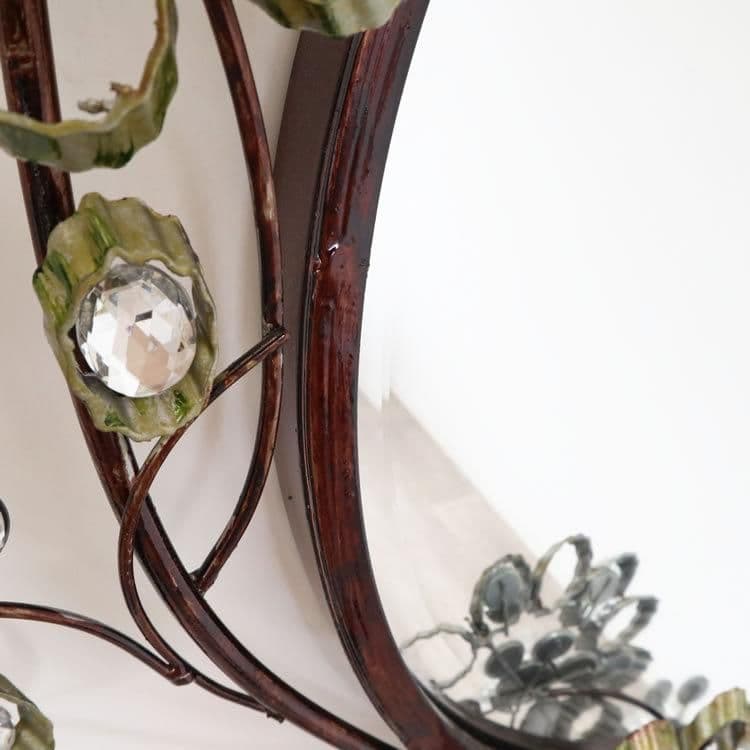 輸入雑貨　ロートアイアン　『ジュエルフラワーミラー』　クリスタルガラス