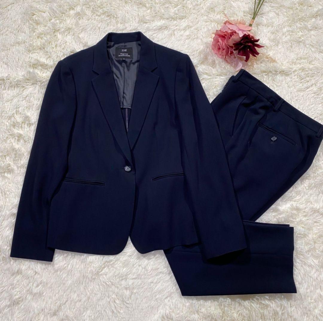 1091【美品】23区 パンツ スーツ セットアップ 紺 ネイビー 42