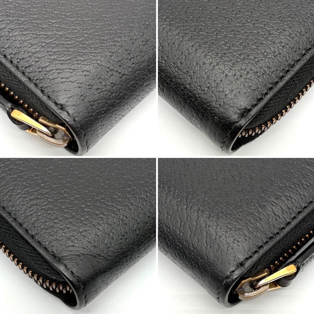 未使用に近い グッチ 長財布 シェリーライン ロゴ レザー ラウンドジップ 黒