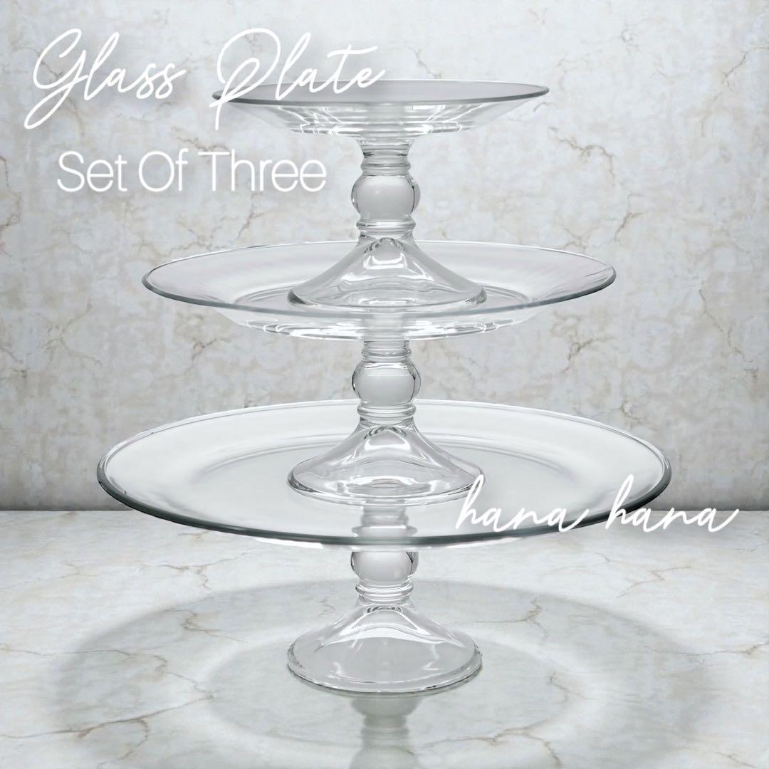 大型 ガラス プレート スタンド 3個 クリア 透明 パーティー デザート 皿