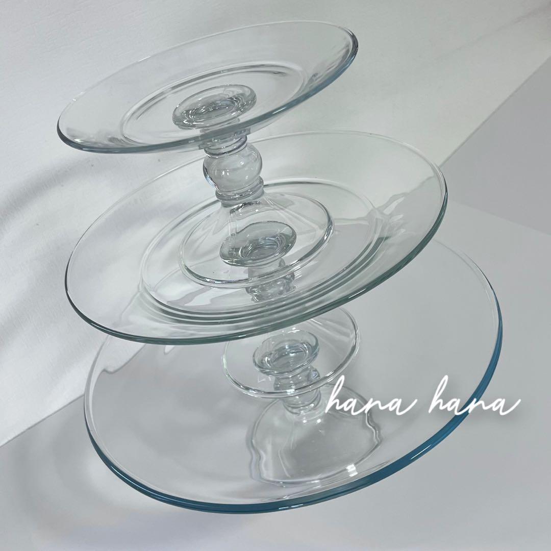 大型 ガラス プレート スタンド 3個 クリア 透明 パーティー デザート 皿