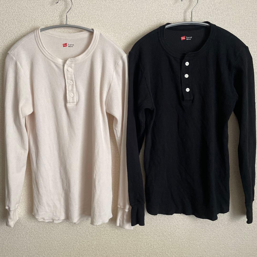 2枚セット Hanes ヘンリーネック サーマル Ｍ 生成り 黒 ワッフル 長袖