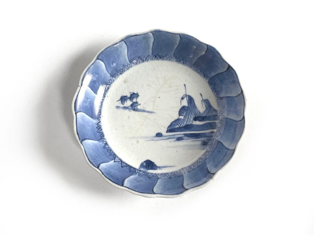 骨董　アンティーク　藍九谷　網干　船文様　輪花皿　小皿　五寸皿　誉印　古伊万里