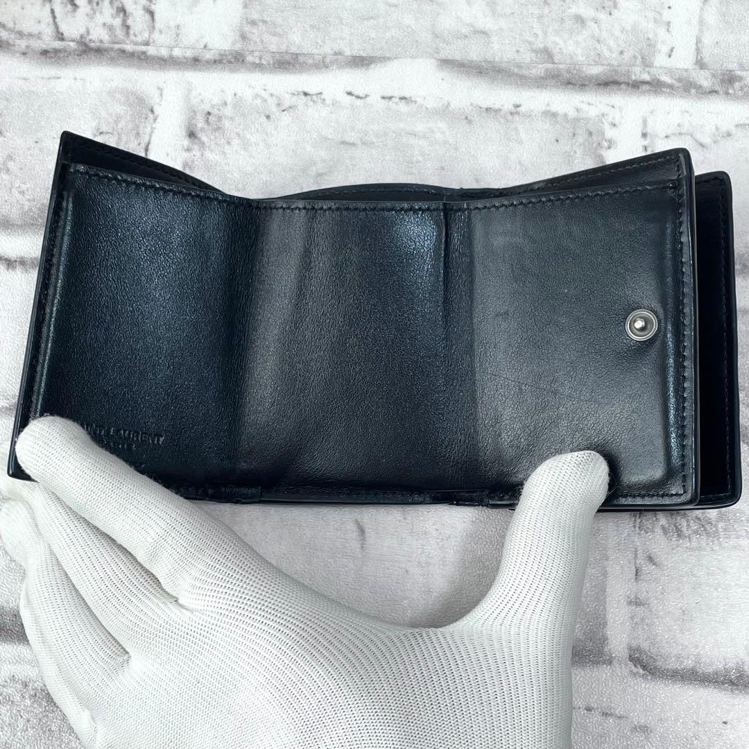 美品✨サンローラン　三つ折り財布　クロコ　金ロゴ　黒　付属品
