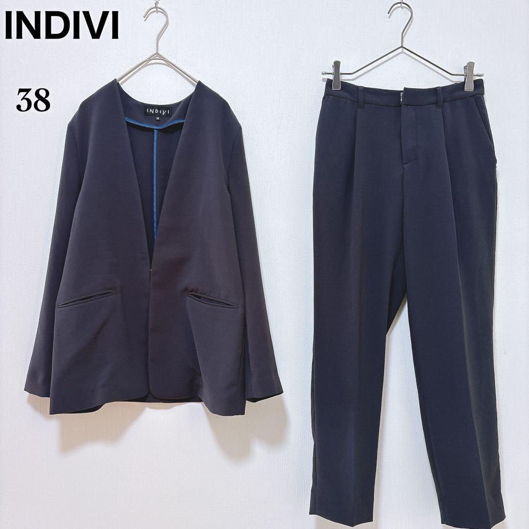 【インディヴィ】ノーカラー ストレッチ パンツスーツ テーパード ビジネス M