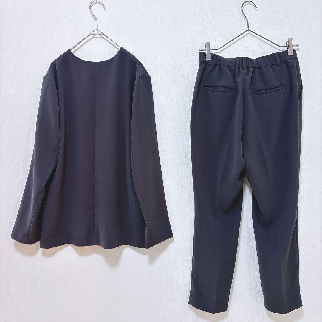 【インディヴィ】ノーカラー ストレッチ パンツスーツ テーパード ビジネス M