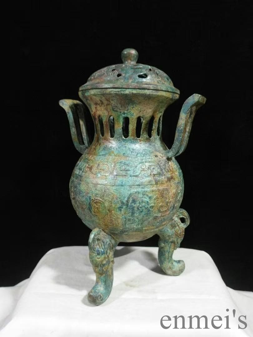 中国古美術 戦国 青銅器 朝冠耳香炉 禮器 香道具 風紋彫刻 芳香具 案頭 骨董