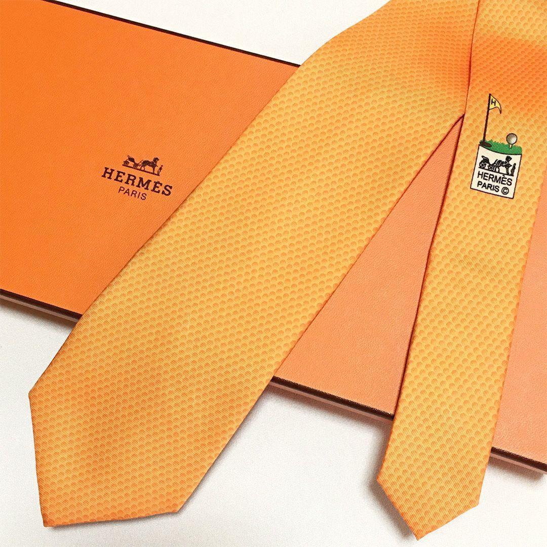 未使用級 エルメス HERMES ネクタイ シルク100% オレンジ ドット