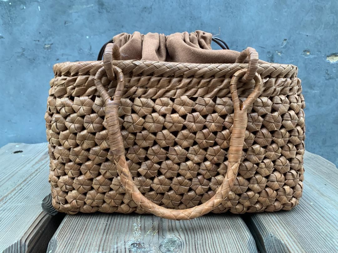 【期间限定】六角花結び編み 山葡萄 かごバッグ 職人手編み 手提げ 内布付き