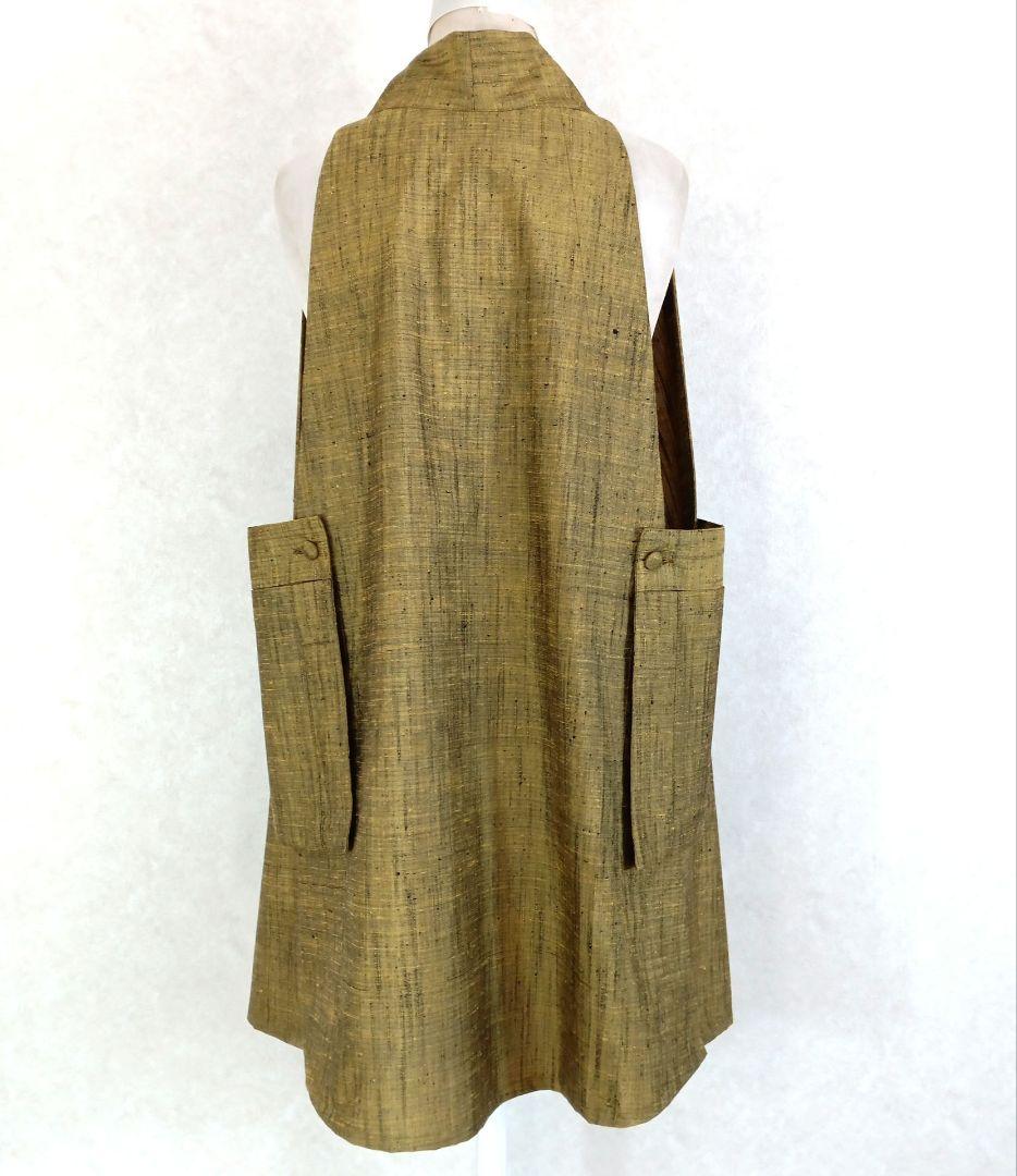 75　手染め大輔　着物リメイク　若草色紬　ロングベストとパンツ　L〜フリーサイズ