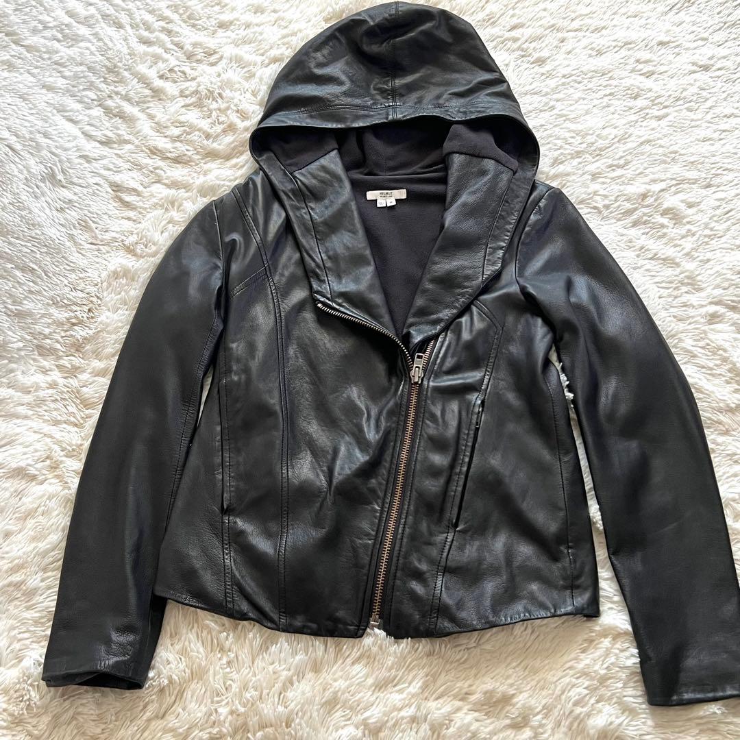 Helmand 高級フード付きブラックレザージャケットラムレザーアシメントリー