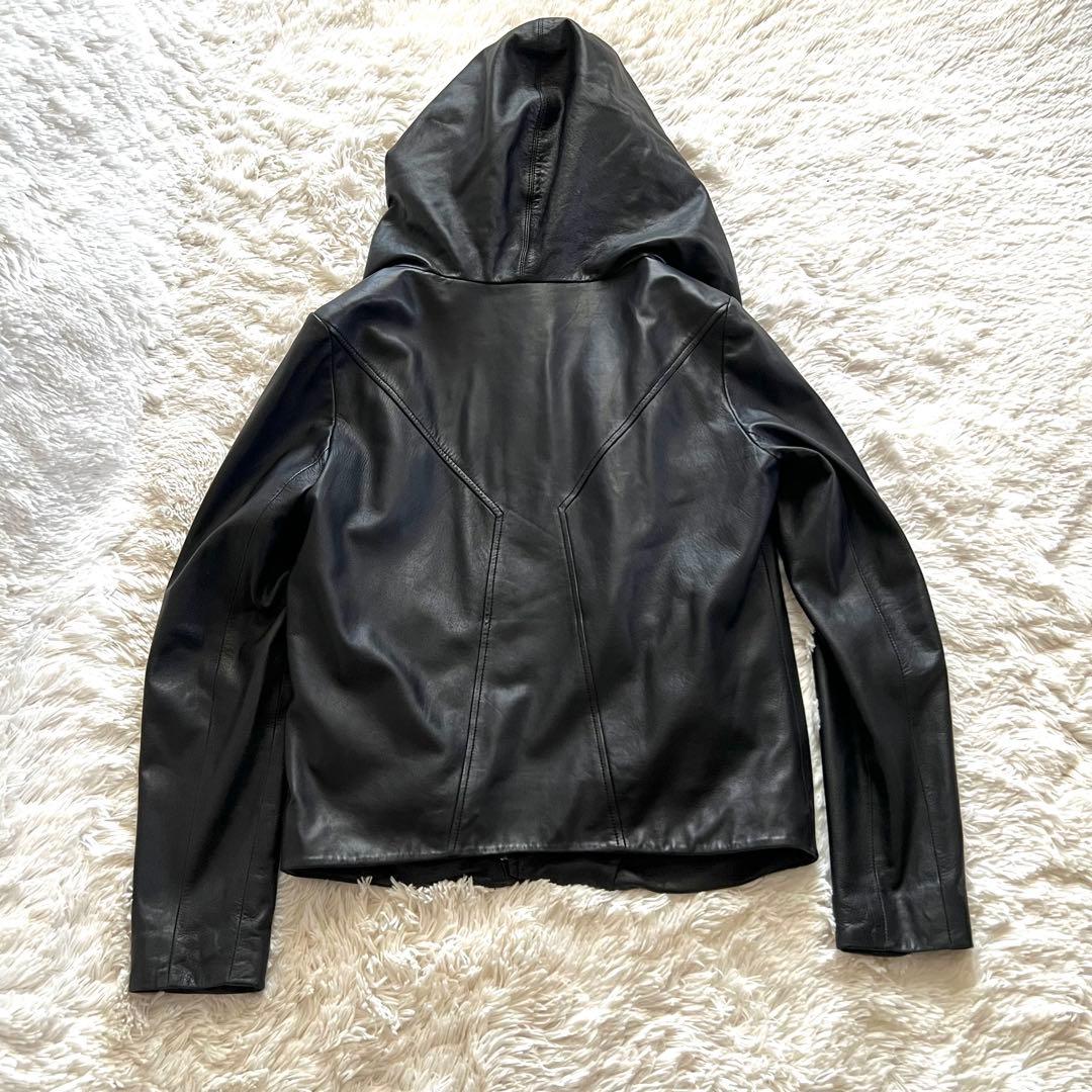 Helmand 高級フード付きブラックレザージャケットラムレザーアシメントリー