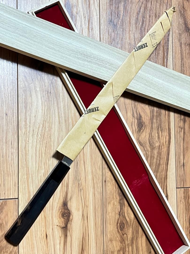 国内生産　新品未使用　包丁　切付　尺一　富士山　鏡面　黒檀八角柄　木箱付　印なし